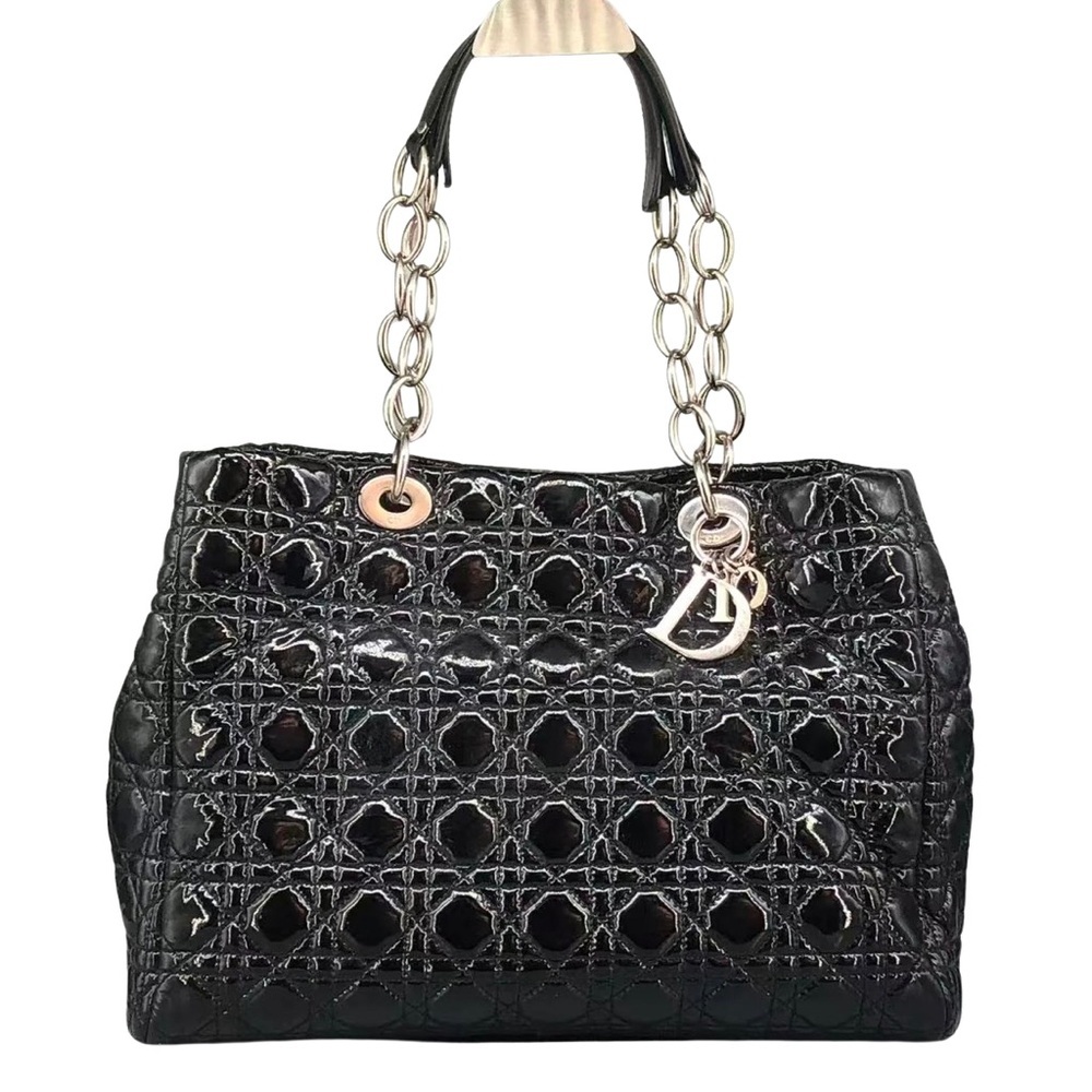 Dior 2012 Black Cannage Quilted Patent Leather Soft Medium Shopping Tote Bag
